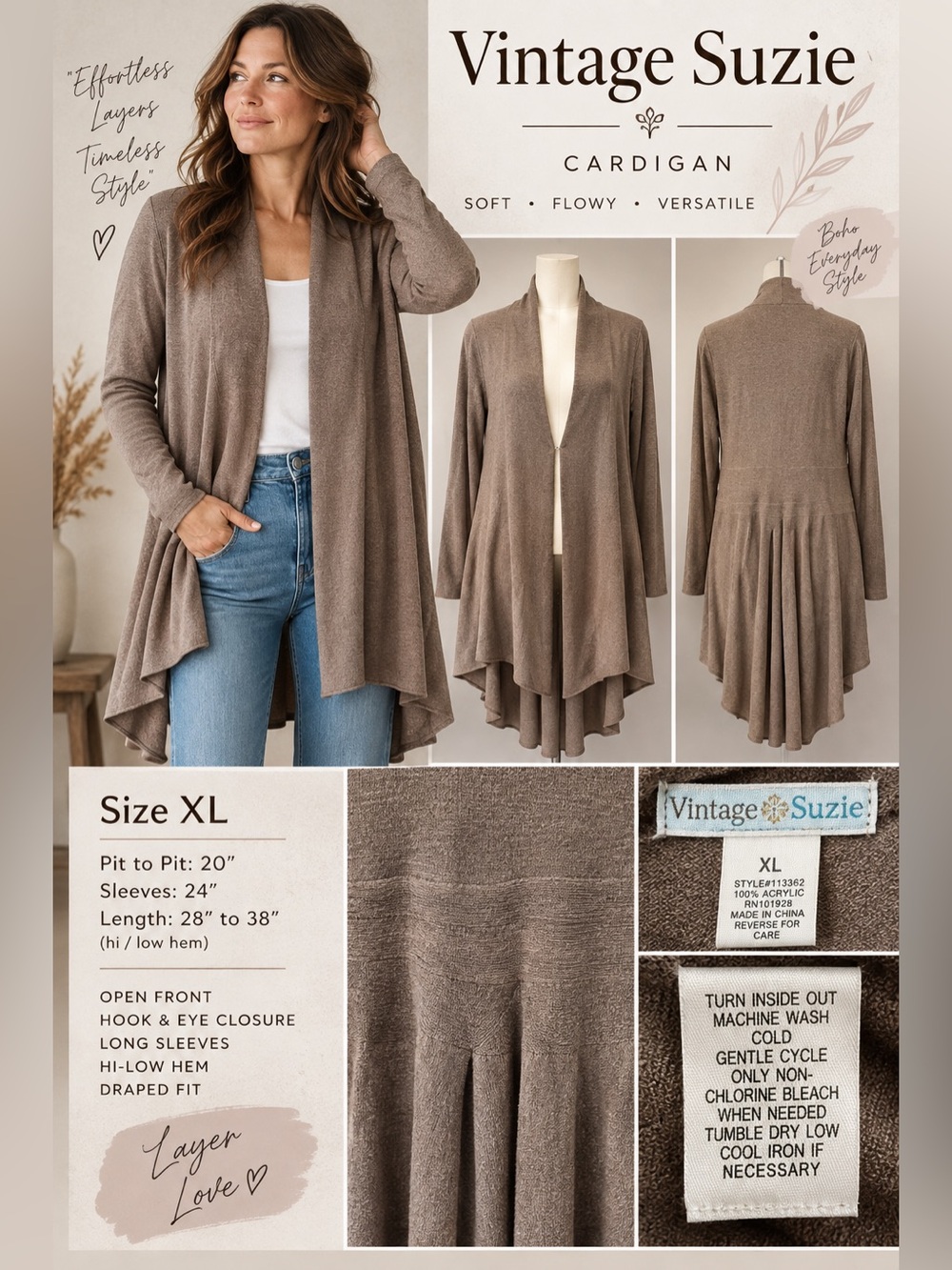 Vintage Suzie XL Brown Taupe Hi Low Open Front Cardigan Duster Sweater